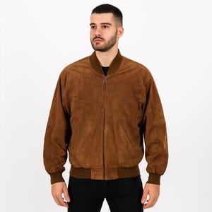 Vintage Brown Suede Bomber Jacket by Sazo: 80s Retro Leather Outerwear