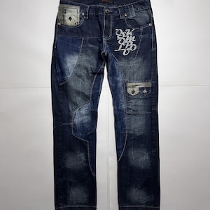 Avant-garde Kosmo Lupo K&M Card Distressed Y2K Japanse stijl jeans blauw heren blauw opiumaffliction