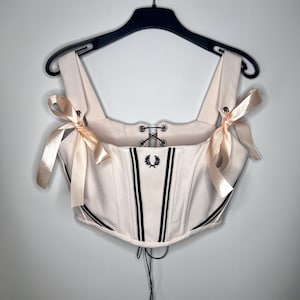Upcycled Corset Top – Handmade Ribbon Lace-Up Bustier – Y2K Punk Reworked Polo Crop Upcycling Recycled
