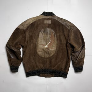 Vintage Suede Leather Bomber Jacket with Embroidered Eagle | 90s Brown Varsity Jacket | Distressed Retro Outerwear