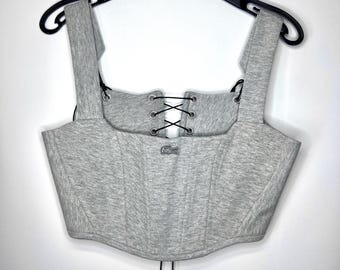 Lacoste Handmade Corset Top | Upcycled Grey Sweatshirt Bustier | Unique Sustainable Fashion