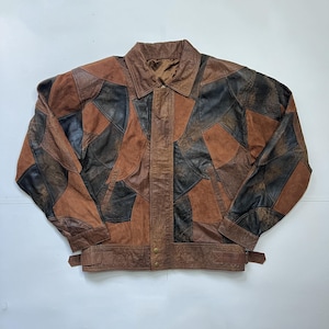 Veste en cuir patchwork vintage | Bloc de couleur marron et noir des années 80 | Vêtements d'extérieur surdimensionnés unisexes rétro | Festival bohème | Délavé effet vieilli motard