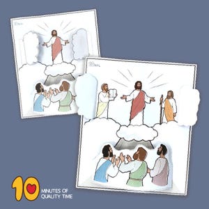Puede incluir: Una actividad artesanal imprimible que presenta una escena de Jesús ascendiendo al cielo con tres discípulos mirando hacia arriba. La manualidad incluye piezas recortables para ensamblar una escena emergente.