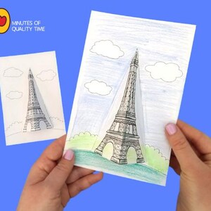 May include: A simple craft project for children to make a 3D pop-up Eiffel Tower. The image shows a white card with a black and white drawing of the Eiffel Tower, clouds, and grass. The card is folded to create a 3D effect.