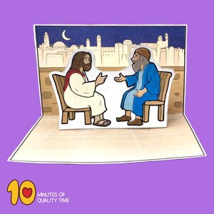 May include: A pop-up card illustration depicting Jesus and a man sitting on chairs, talking to each other. The scene is set at night with a cityscape in the background.