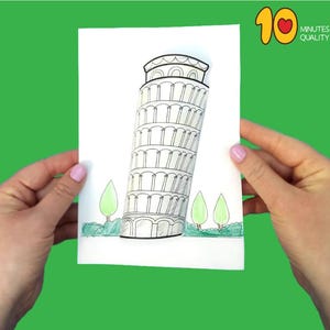 May include: A black and white drawing of the Leaning Tower of Pisa on a white piece of paper. The tower is surrounded by green trees.