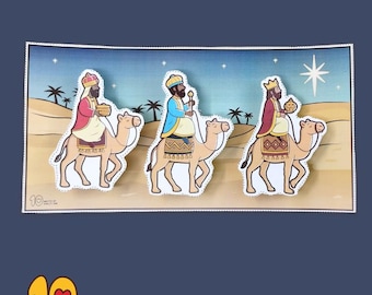 May include: Three wise men riding camels across a desert landscape. The men are wearing colourful robes and crowns. A star shines brightly in the night sky.