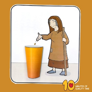 Puede incluir: Una ilustración de dibujos animados de una mujer con una túnica marrón que deja caer una moneda de oro en una taza amarilla. La mujer sostiene un palo de madera. La imagen está sobre un fondo blanco.