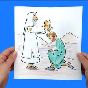 May include: A black and white illustration of a person pouring water from a pitcher onto another person's head. The person receiving the water is kneeling and has their head bowed.