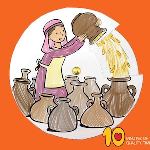 May include: A woman pours oil from a large brown jug into smaller brown jugs. The woman is wearing a pink and purple dress and a yellow apron. The jugs are arranged in a circle around her.