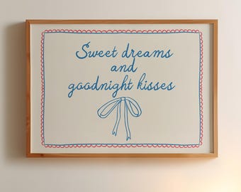Impresión de "Dulces sueños y besos de buenas noches", bonita decoración para la cama, arte de pared moderno, impresiones para dormitorios femeninos, decoración acogedora para apartamentos, descarga digital