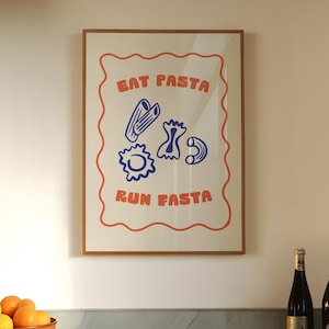 Eat Pasta Run Fasta Print, Pasta Wall Art, Trendy Kitchen Print, Funky Kitchen Decor, Retro Kitchen Art, Printable Art, Digital Download