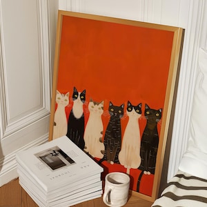 Póster abstracto de gatos, póster positivo, arte mural de gatos de moda, arte mural maximalista, decoración de pared colorida para apartamentos con dopamina, dibujo retro de gatos