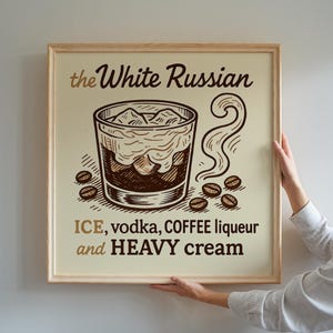 White Russian Cocktail Print, Retro Cocktail Recipe, Bar Cart Decor, Vintage Cocktail Printable Art, Mid Century Modern, Digital Download