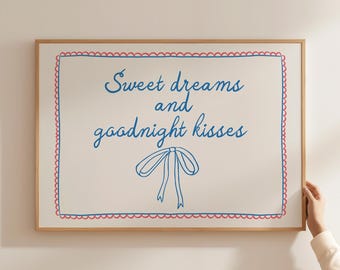 Sweet Dreams-poster, schattig decor boven het bed, trendy horizontale muurkunst, girly slaapkamerafdrukken, strikkunst, esthetische appartementdecor