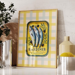 Tinned Sardines Poster, Retro Fish Print, Sardine Painting, Sardine Tin Art Print, Retro Food Art, Trendy Kitchen Decor, Seafood Fish Poster