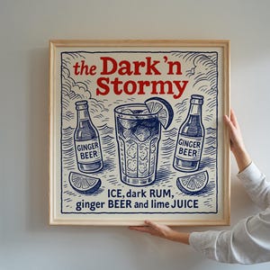 Dark N Stormy cocktailprint, retro cocktailkunst aan de muur, decor barwagen, vintage cocktail afdrukbare kunst, moderne halverwege de eeuw, digitale download
