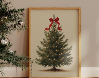 Watercolor Christmas Tree with Red Bow Painting, Cozy Classic Festive Wall Art, Vintage Coquette Xmas Print, Traditional Holiday Decor