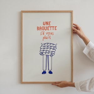 Poster di baguette, arredamento da cucina alla moda, stampa di baguette disegnata a mano, arte murale di cibo francese, arte alimentare retrò, stampa per sala da pranzo, arredamento murale di panetteria