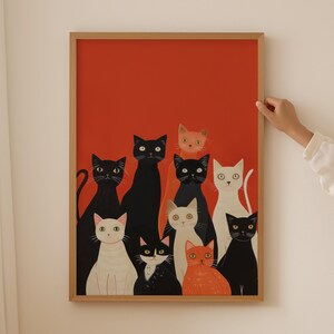 Póster de gatos retro, arte de pared positivo, arte de pared de gatos de moda, decoración de habitación maximalista, decoración de pared de apartamento de dopamina, dibujo de gatos coloridos