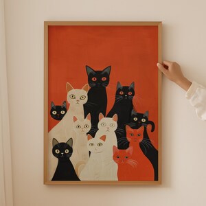 Póster abstracto de gatos, arte mural positivo, arte mural de gatos, impresiones maximalistas, decoración de dopamina, decoración de pared de apartamento de moda, dibujo de gatos retro
