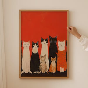Póster de gato abstracto, arte de pared positivo, arte de pared retro de moda, impresiones maximalistas, decoración de pared estética para apartamentos, arte de pared de gatos coloridos
