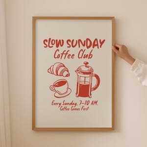 Slow Sunday Coffee Club Print, Retro Coffee Poster, Trendy Kitchen Dining Room Decor, Hand Drawn Coffee Station Wall Art, Digital Download
