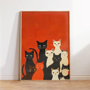 Póster abstracto de gatos, arte positivo, arte de pared retro de gatos, arte de pared maximalista de moda, impresiones divertidas, decoración de apartamentos con dopamina, dibujo de gatos