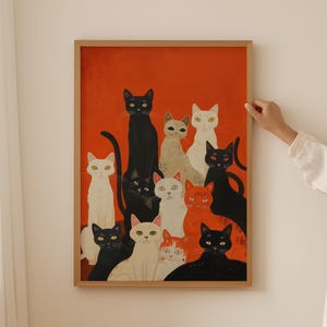 Póster abstracto de gatos, arte de pared positivo, arte de pared de gatos de moda, decoración del hogar maximalista, decoración de pared de apartamento de dopamina, dibujo de gatos coloridos