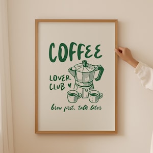 Póster retro de club de amantes del café, impresión de café de moda, póster de café preparado, decoración de cocina de moda, decoración de cafetería, arte mural de café dibujado a mano
