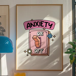Poster "Ansia On Off", Stampe per il soggiorno, Stampe audaci e carine, Decorazioni originali per appartamenti, Poster sulla salute mentale, Arte murale rosa per camera da letto femminile