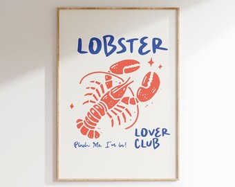 Red Lobster-poster, kustmuurkunst, restaurantafdruk, decor strandhuis, zeevruchten kunstafdruk, trendy eetkamerafdruk, poster zeevruchten vis