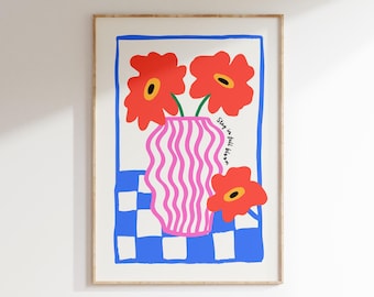 Blumenvase Poster, Dänisches Dekor, Dopamin Wand Kunst, Maximalist Dekor, Florale Wand Kunst, Groovy Blumen Print, Funky Schlafzimmer Druck