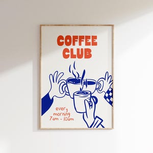 Retro Coffee Club Print, Coffee Wall Art, Trendy Kitchen Wall Art, Kitchen Dining Room Decor, Hand Drawn Coffee Art Print, Digital Download