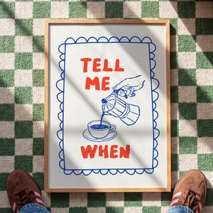 „Tell Me When Coffee Print”, grafika liniowa z kawiarki, dekoracja ścienna do kuchni w stylu retro, prezent dla miłośnika kawy, pobieranie cyfrowe