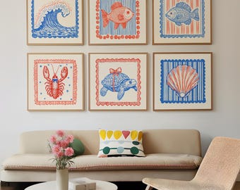 Impressões de parede da Coastal Gallery, conjunto de 6 imprimíveis, lindas impressões de arte de verão, decoração moderna para casa de praia, decoração de quarto aconchegante, download digital
