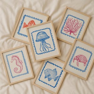 Coastal Gallery Wall Prints, Set of 6 Prins, Colorful Summer Prints, Trendy Beach House Decor, Sea Animal Baby Room Decor, Digital Download