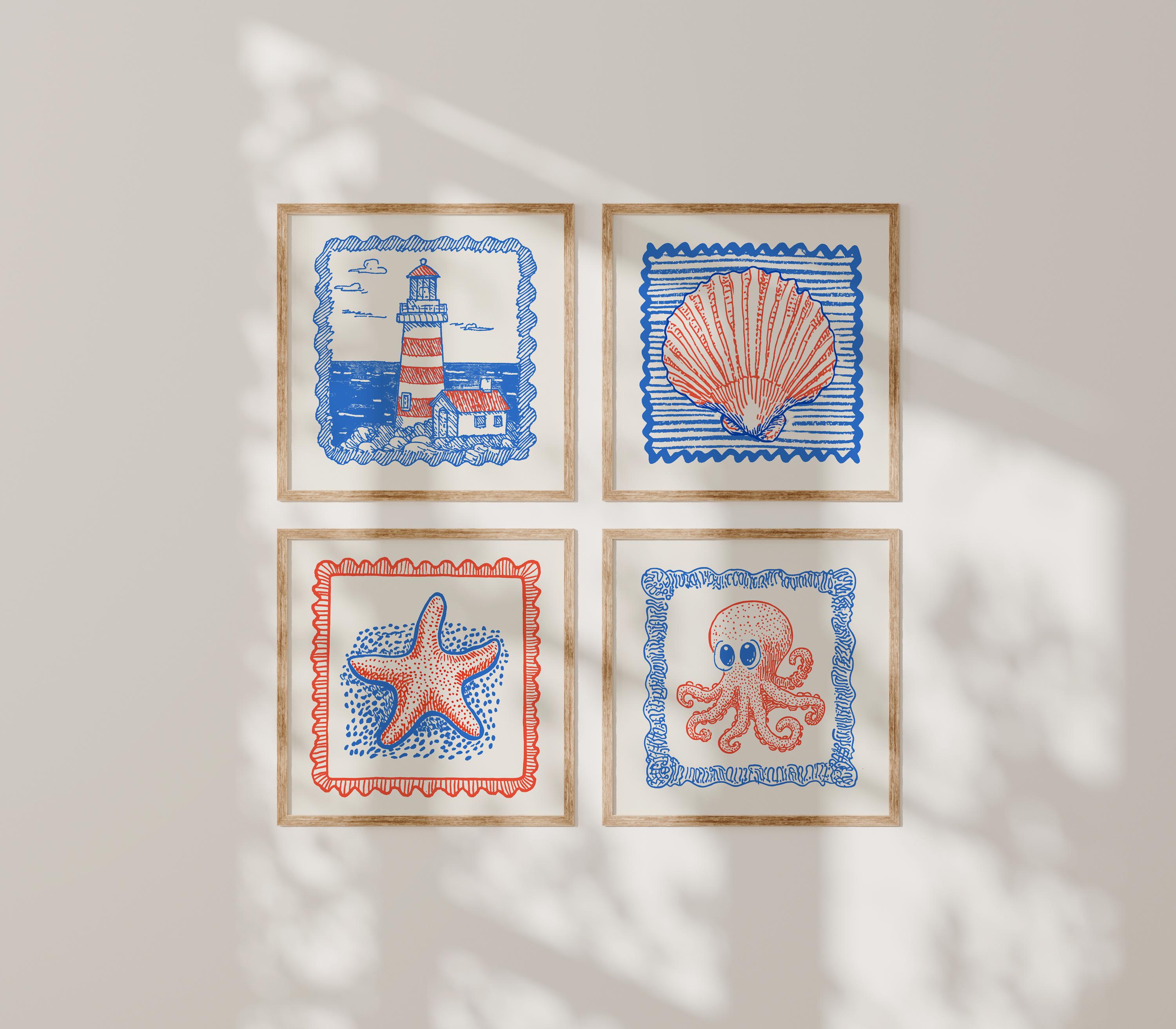 Coastal Gallery Wall Prints, Set of 6 Square Prints, Cute Summer Prints ...