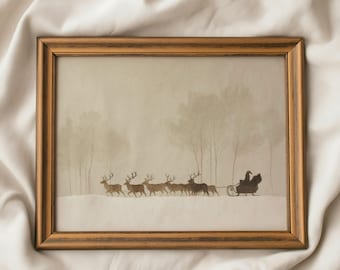 May include: A framed print depicts Santa Claus in a sleigh pulled by reindeer. The artwork is in a sepia tone, with a brown wooden frame. The scene includes trees and a snowy landscape, evoking a winter holiday theme.