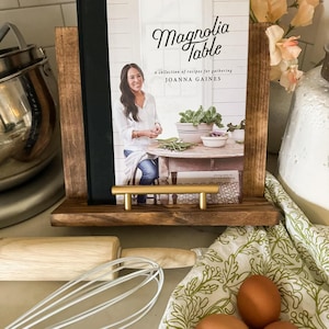 Wooden Recipe Book Holder, Cookbook Holder, Recipe Book Stand, Stained, Gold Black Bar, Kitchen Decor, Gift