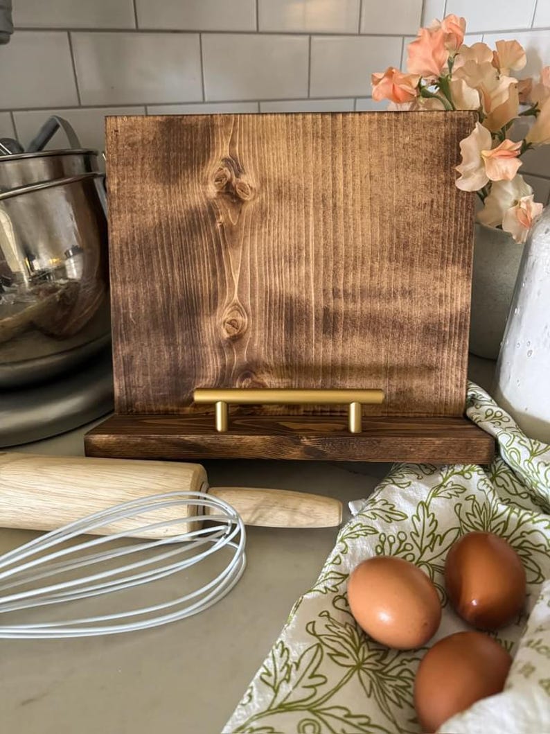 Wooden Recipe Book Holder, Cookbook Holder, Recipe Book Stand, Stained, Gold Black Bar, Kitchen Decor, Gift