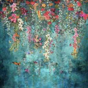May include: A watercolor painting of a floral arrangement with pink, white, and purple flowers hanging from a leafy branch. The background is a teal blue color with a textured look. There are butterflies and hummingbirds flying around the flowers.