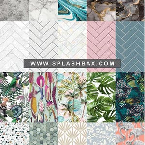 May include: A collage of 20 different tile and wallpaper patterns. The patterns include marble, herringbone, tropical leaves, geometric designs, and flamingos. The website address www.splashbax.com is displayed in the centre of the image.