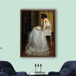 Elegant Woman Reading Painting, Classic Portrait Art, Vintage Wall Art, Oil Painting Print, Feminine Art, Romantic Artwork