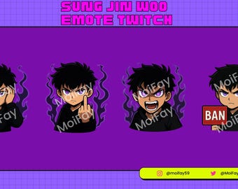 May include: Four animated Twitch emotes featuring a character with black hair and purple eyes. The character is shown with different expressions, including a hand gesture, a surprised expression, an angry expression, and holding a sign that says "BAN".