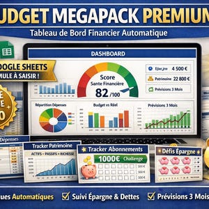 May include: A digital financial dashboard with the text "BUDGET MEGAPACK PREMIUM" and "EXCEL & GOOGLE SHEETS". The dashboard displays charts, graphs, and financial data, including a "Score Santé Financière" of 82/100. A piggy bank and gold coins are also visible.