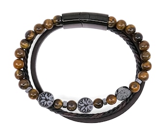 Koru Tiger Eye Leather Bracelet – Genuine brown leather, Grade A natural beads, 304 stainless steel