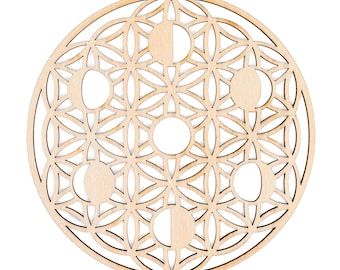 Flower of Life wooden plaque, 100 mm – various designs & finishes to choose from (solid, hollow, engraved, cut)