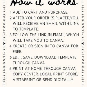 May include: A black and white graphic with the text "How it works" and a list of six steps for purchasing and using a digital template. The steps include adding to cart, receiving an email with a link to a template, following the link to Canva, creating or signing into Canva, editing and saving the template, and printing or sending the template digitally.