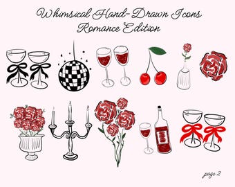 Whimsical Hand-Drawn Icons, Romantic Hand Drawn Icons, Wedding Icons, 30th Birthday Icons, Cherries, Wine, Bows, Hand drawn Bows